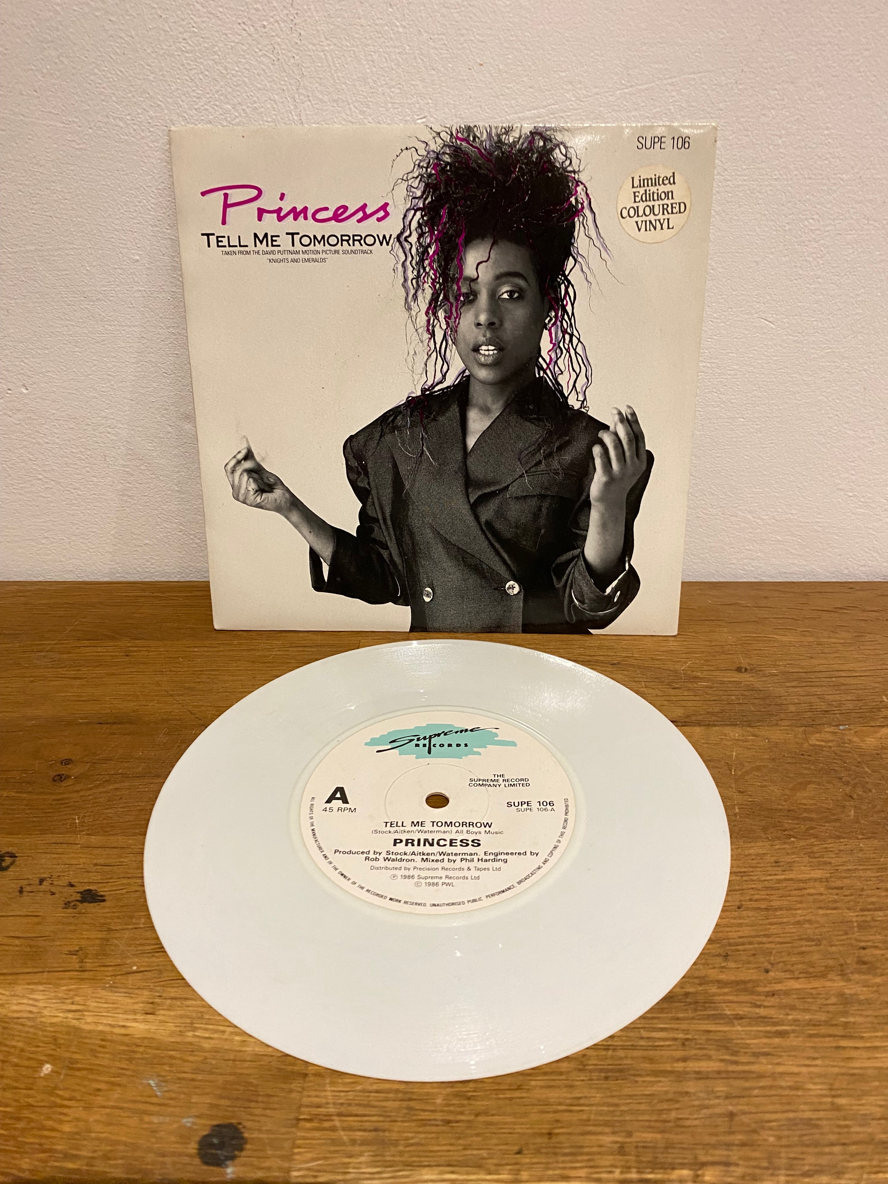 Princess- Tell me tomorrow, Limited edition coloured vinyl, White vinyl 7 inch