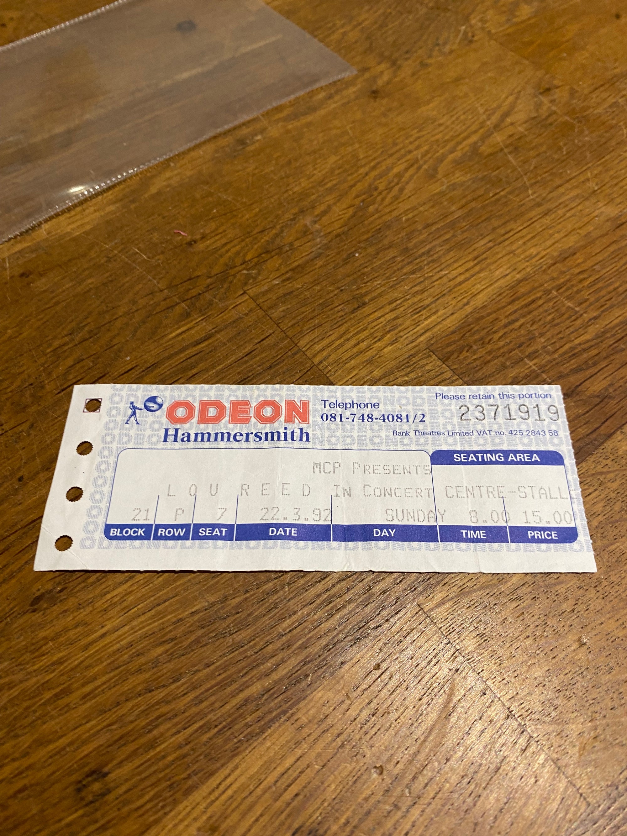 Lou Reed , Concert Ticket , 1992 Odeon