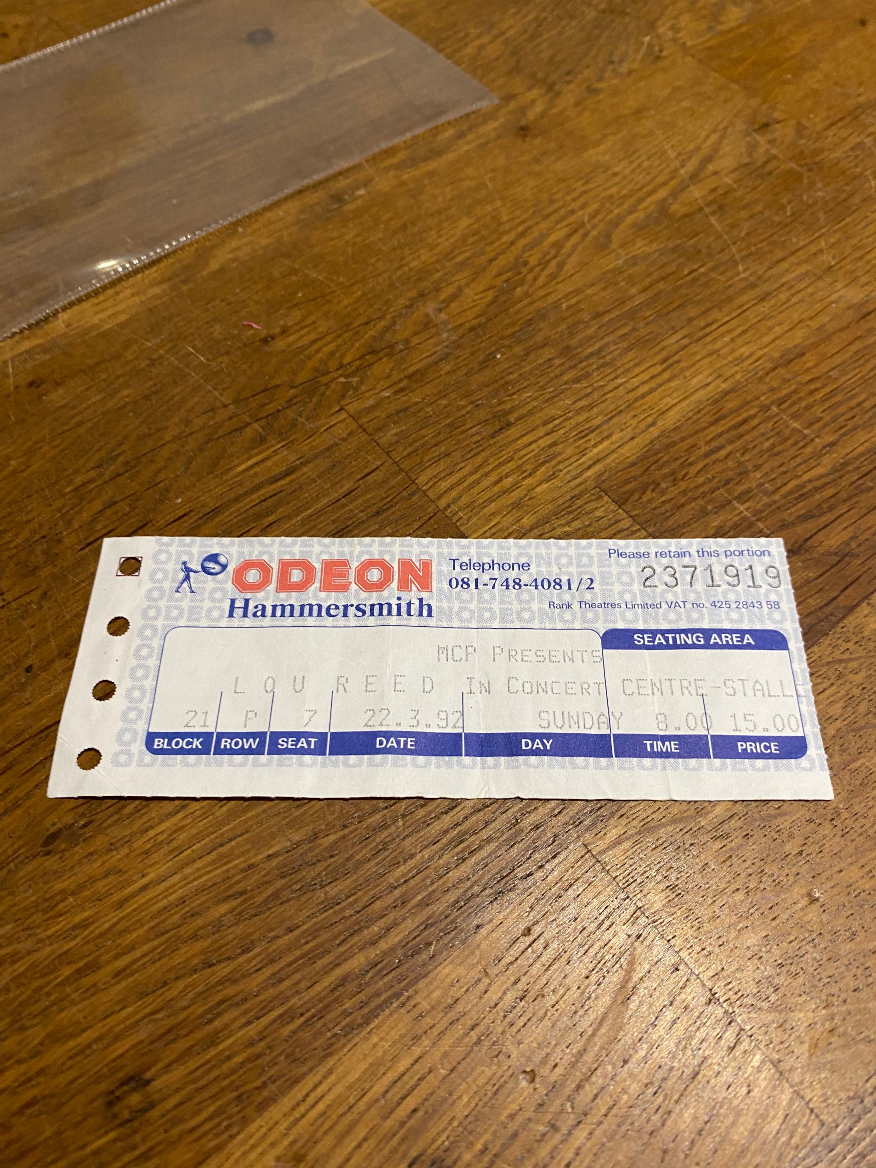 Lou Reed , Concert Ticket , 1992 Odeon