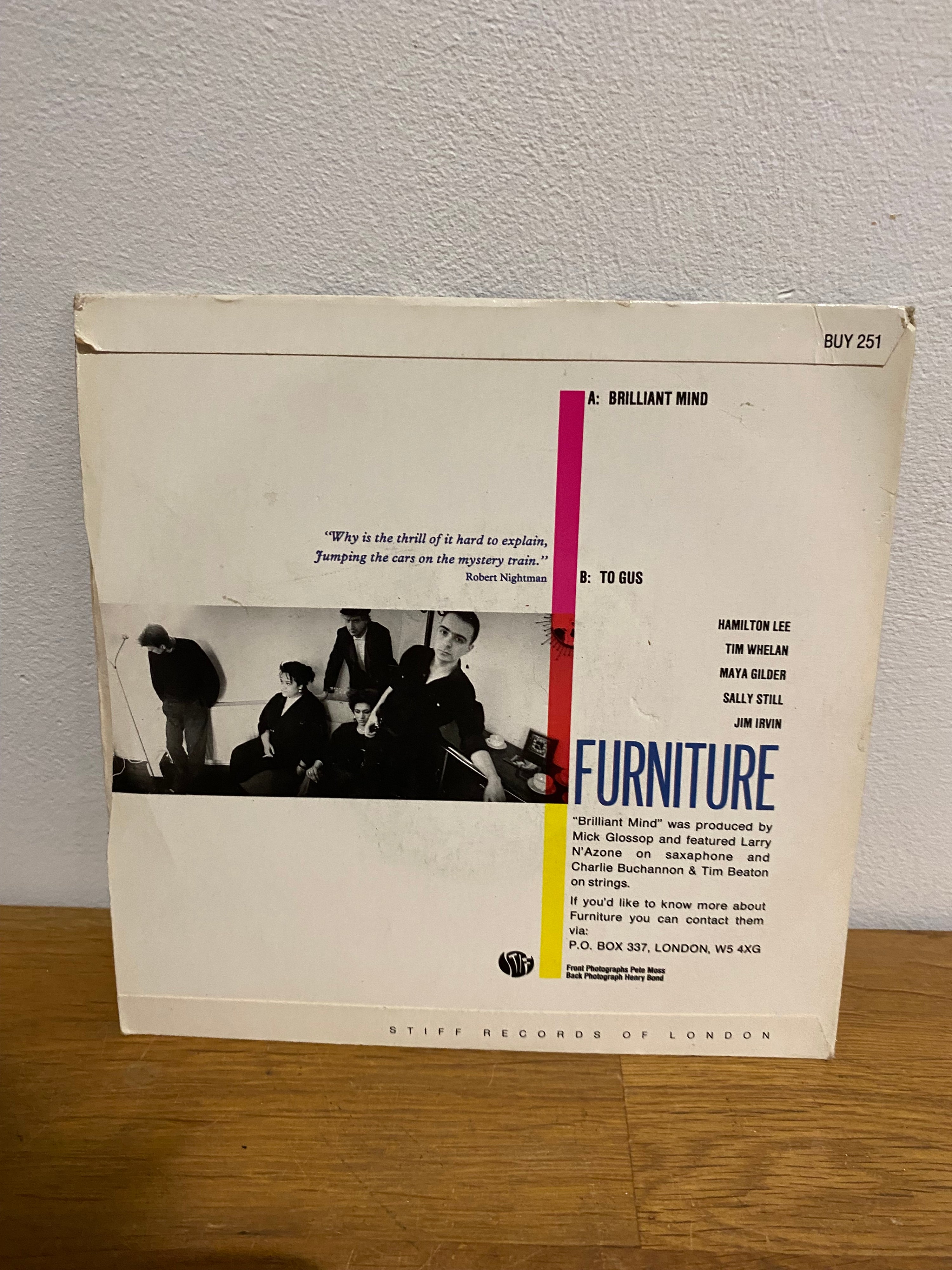 Furniture - Brilliant Mind , 7” single , 1986 Stiff Records