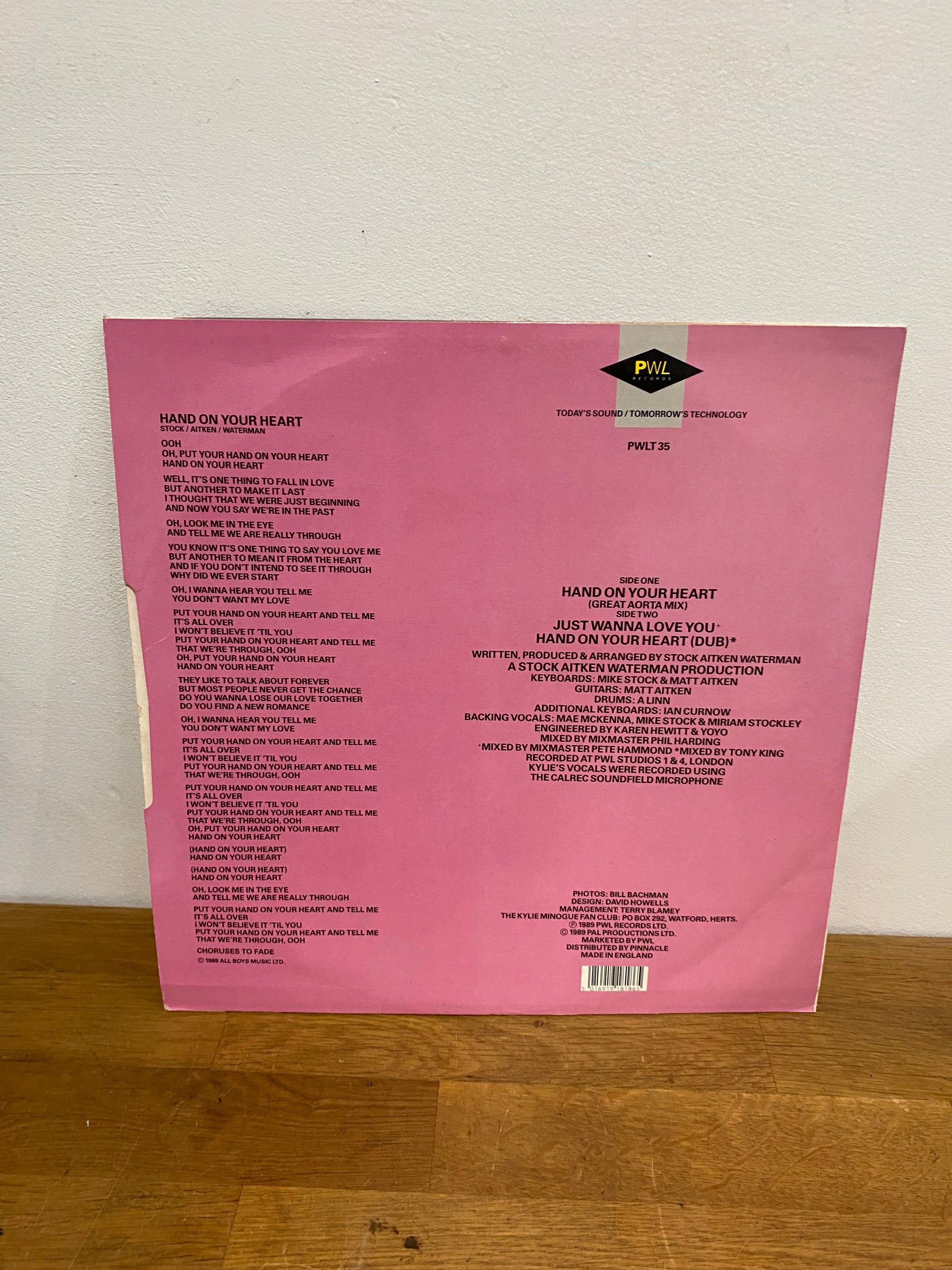 Kylie Minogue - Hand on your heart, 12” single, PWL records, 1989