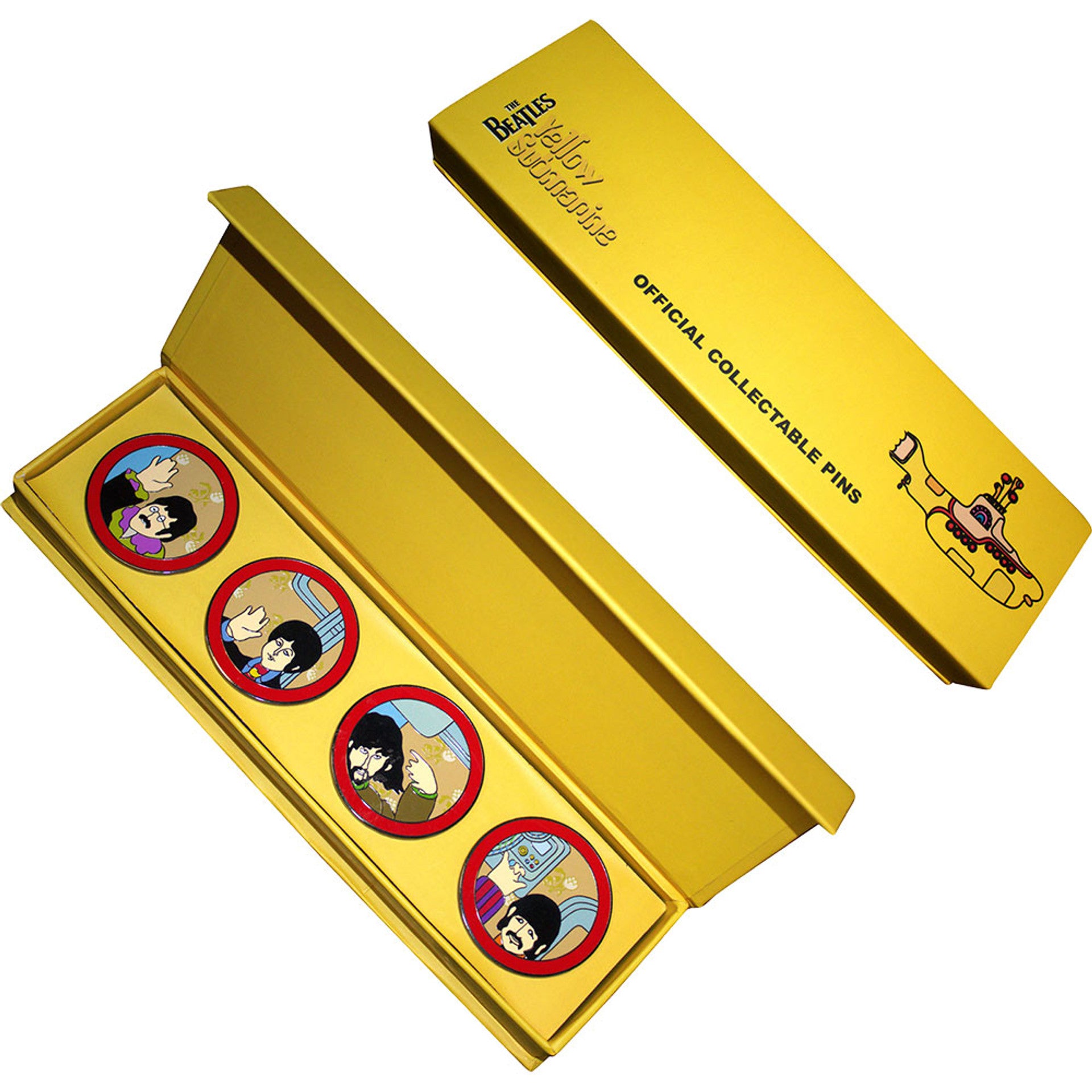 Close-up of Beatles Yellow Submarine Portholes enamel pins.

