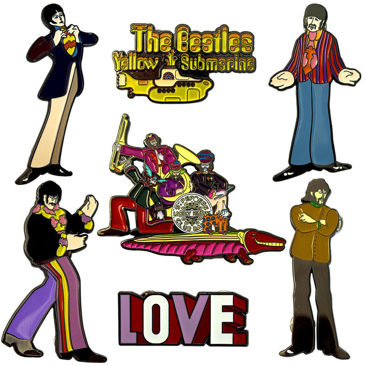 The Beatles pin badge set displayed in high-quality collectible box.
