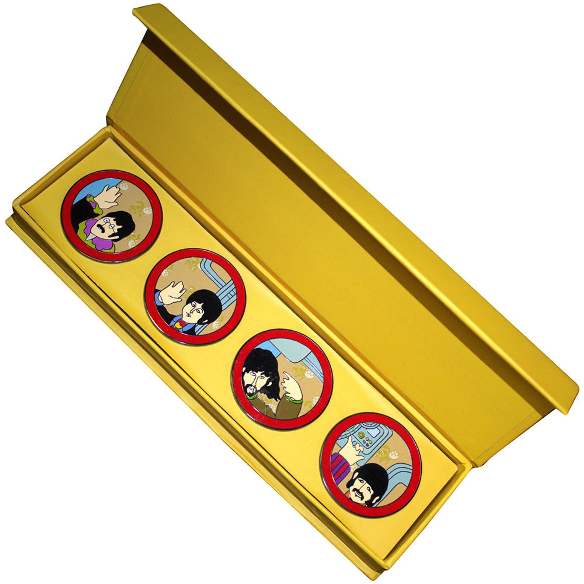 Beatles pin badge set displayed in custom heavy-duty presentation box.
