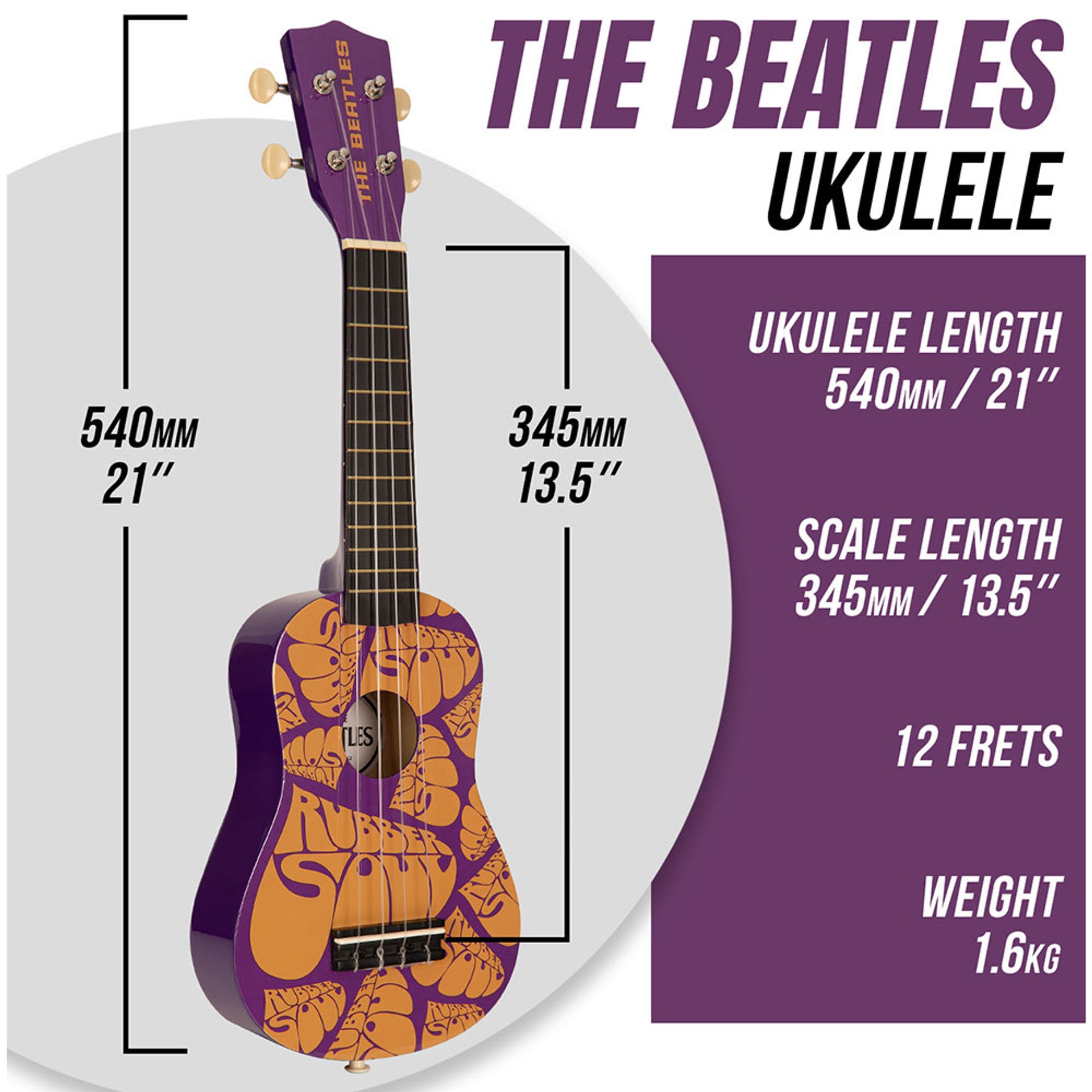 Beatles Rubber Soul ukulele displayed in full-colour gift box packaging.
