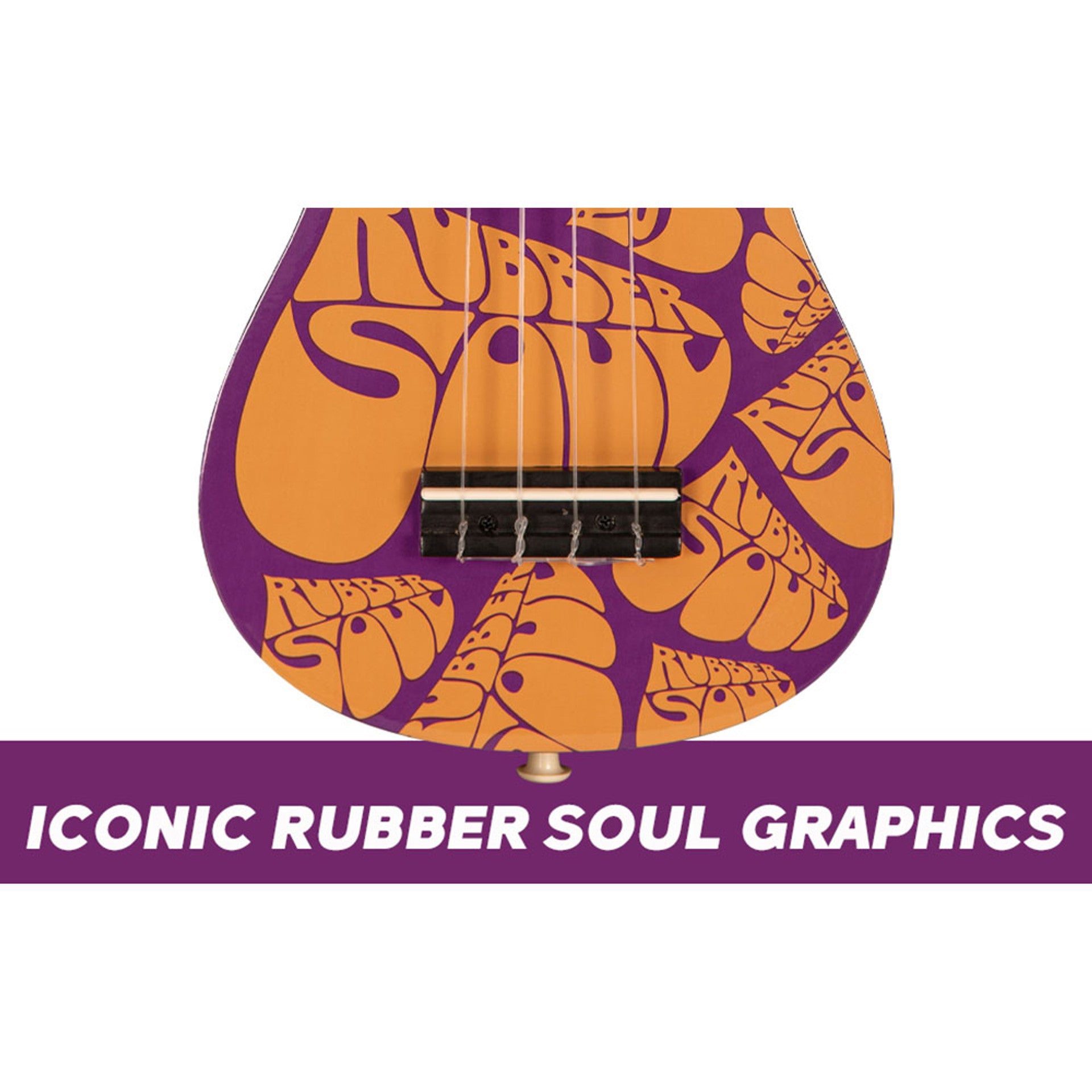 Wooden Beatles ukulele with bright Rubber Soul graphics - perfect for music fans.
