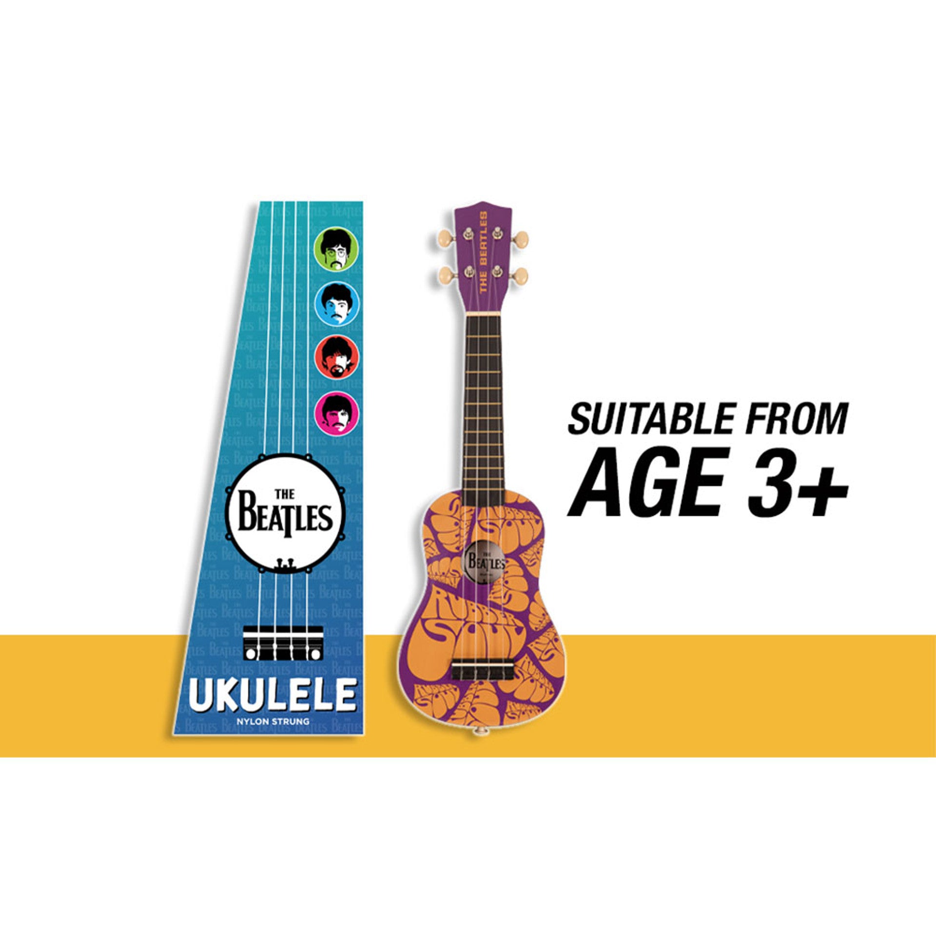Beatles Rubber Soul ukulele body showing detailed artwork and sound hole design.