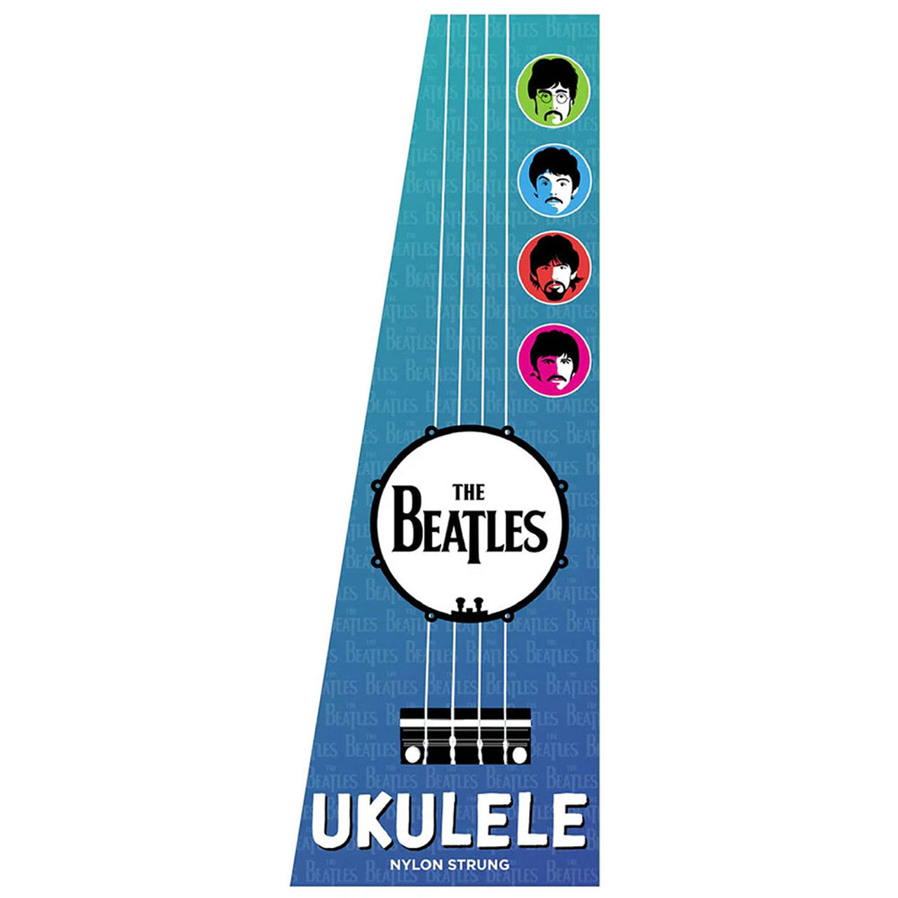 Ukulele with The Beatles logo and band members' portraits on a blue background