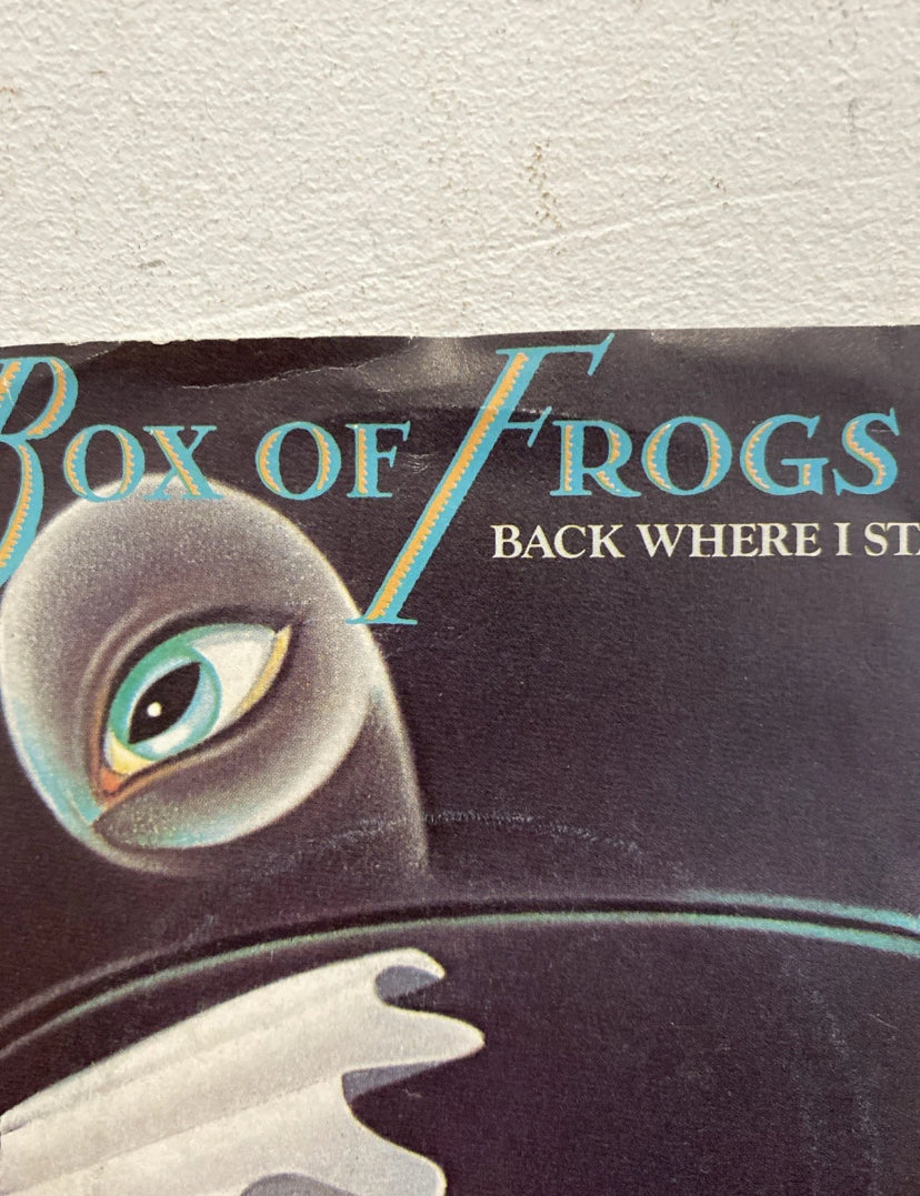 Album cover of 'Box of Frogs' with a frog's eye and text on a textured background