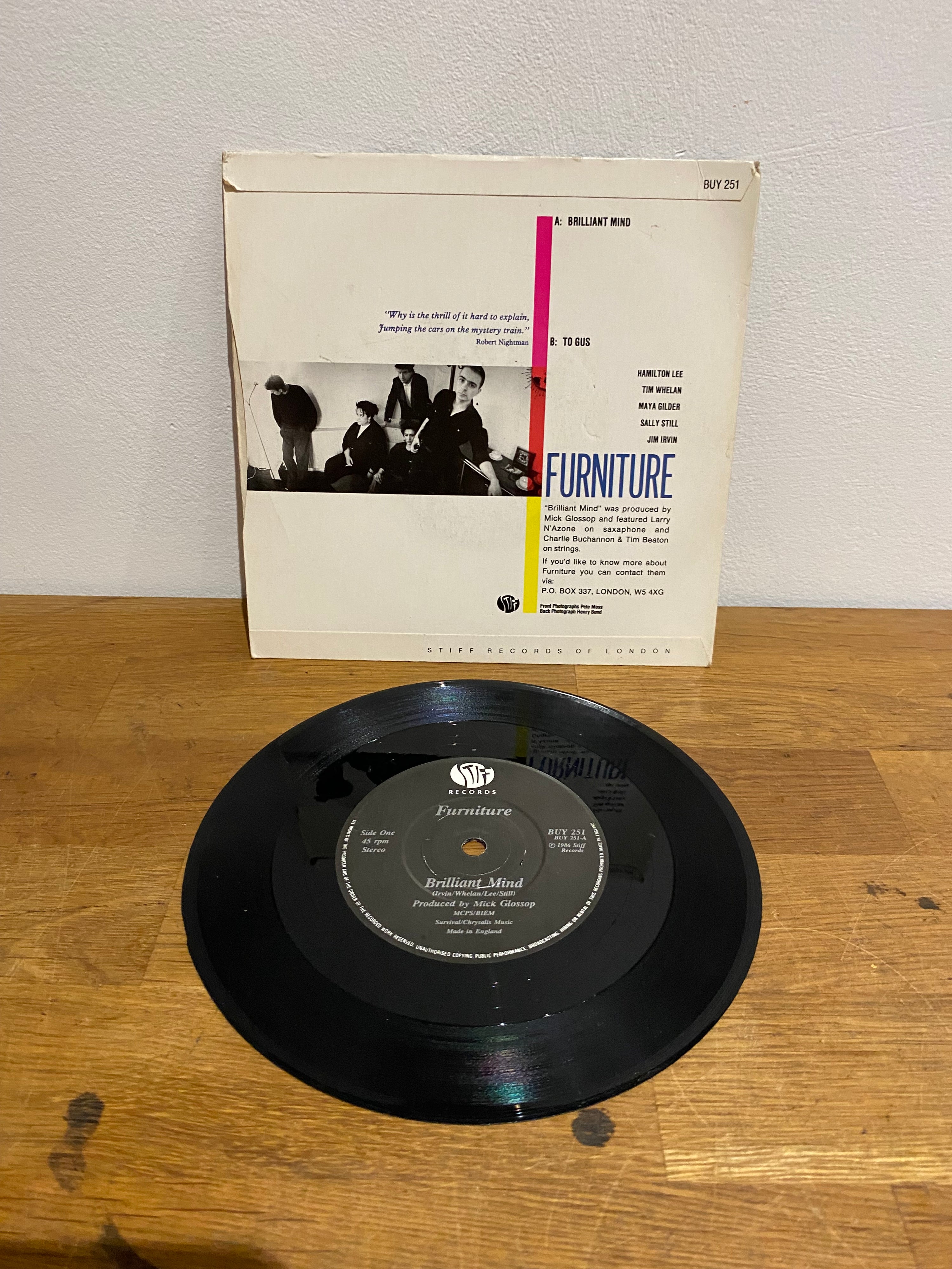 Furniture - Brilliant Mind , 7” single , 1986 Stiff Records