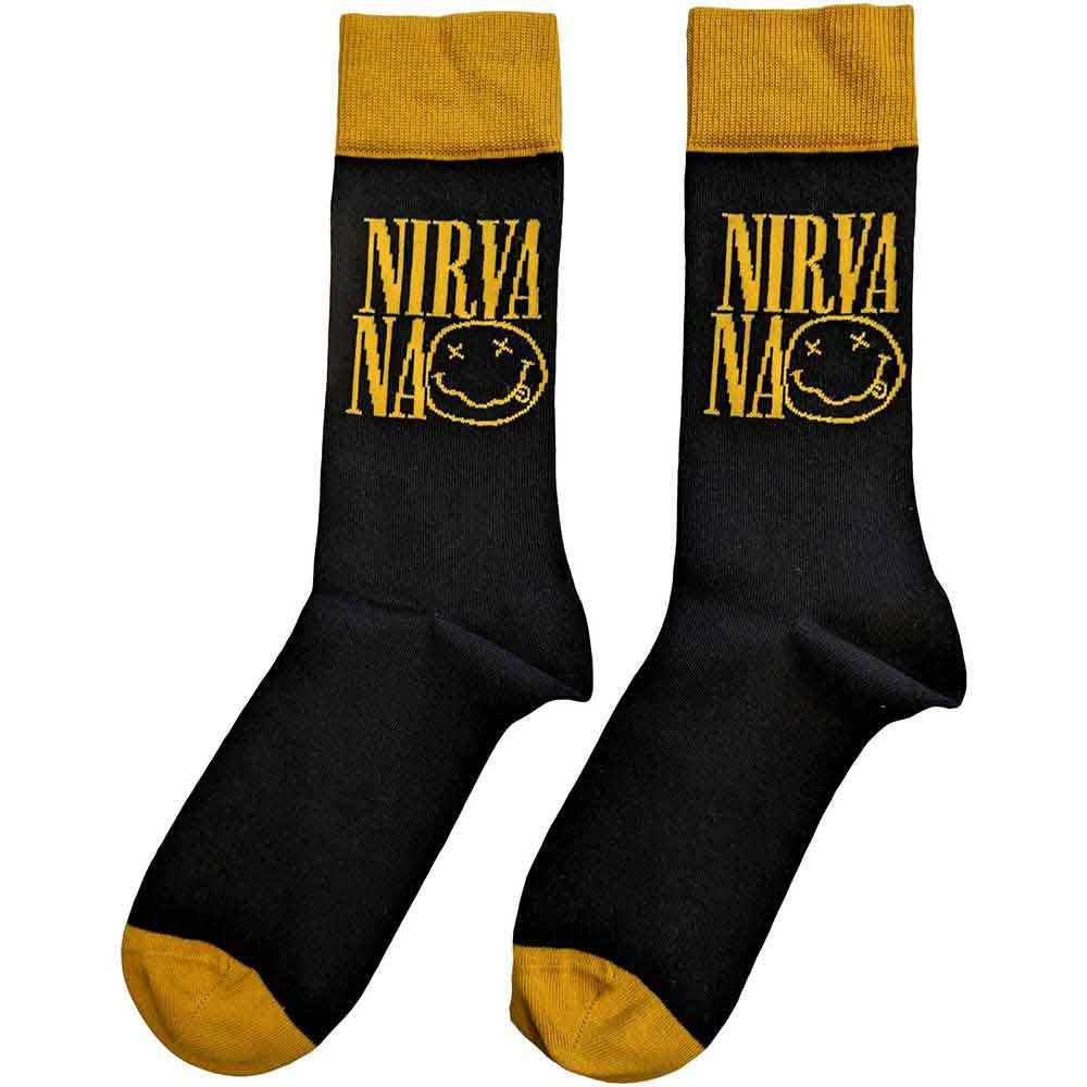 Black socks with yellow accents and 'Nirvana' text on a white background official merch