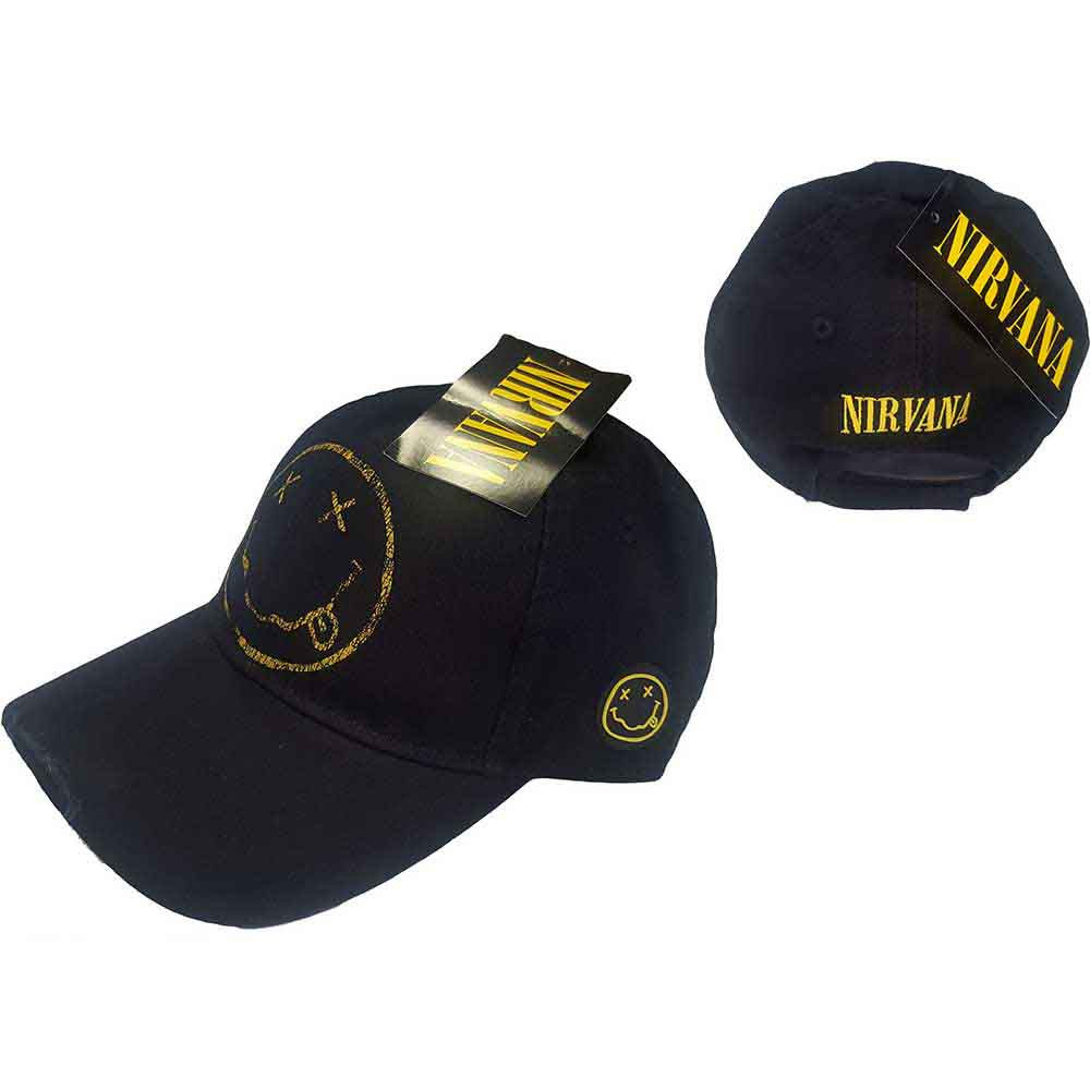 Nirvana Unisex Baseball Cap - Happy Face (Black Distressed) - Official Licensed