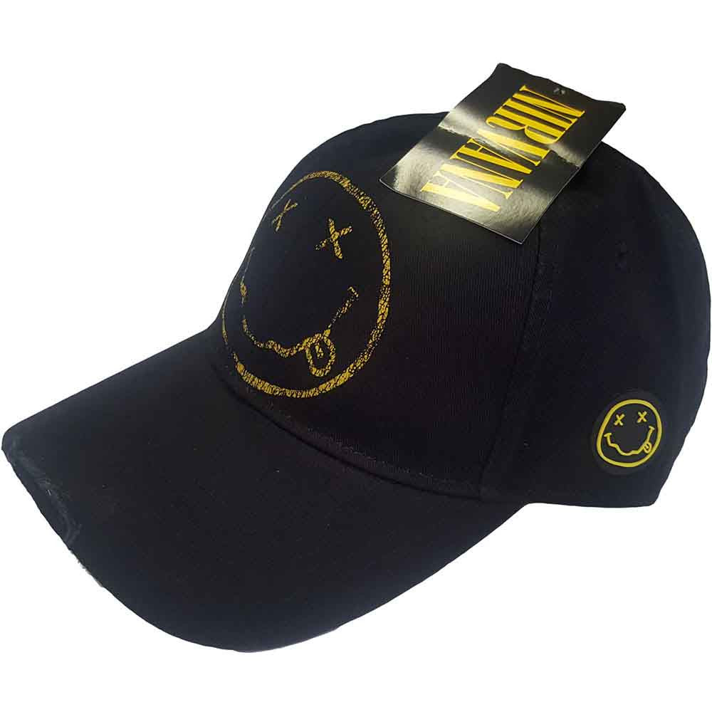 Nirvana Unisex Baseball Cap - Happy Face (Black Distressed) - Official Licensed