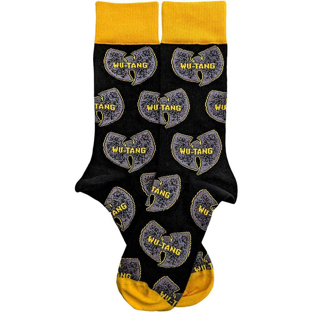 Black socks with Wu-Tang logo and yellow accents on a white background