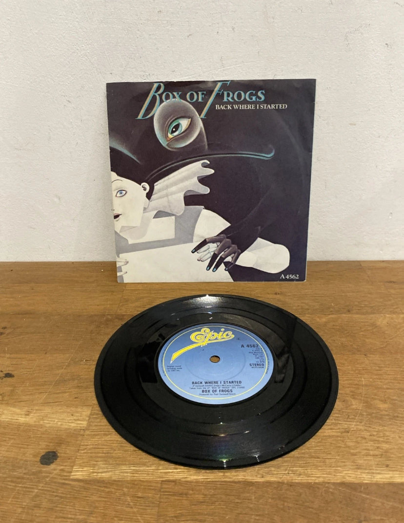 Vinyl record with a 'Box of Frogs' album cover on a wooden surface.