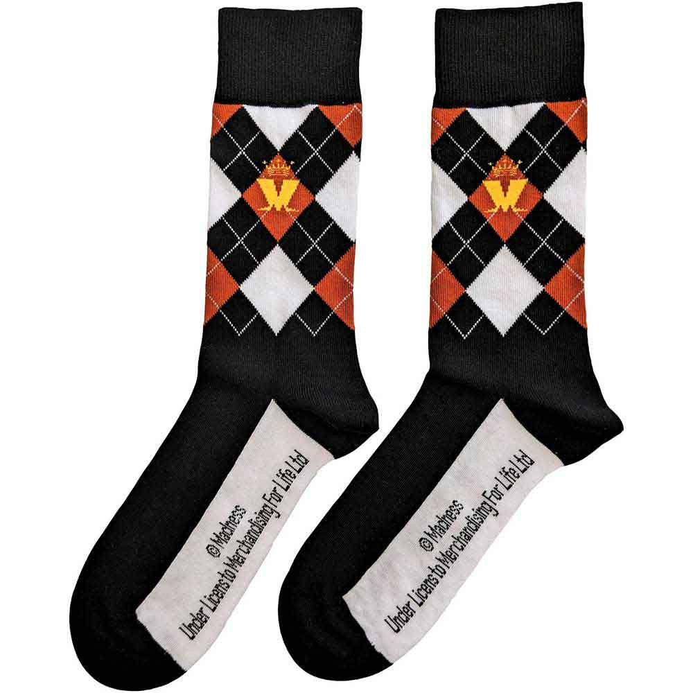 Official Madness Crown & M Brown Diamond black ankle socks unisex UK 7 - 11 with front and back design
