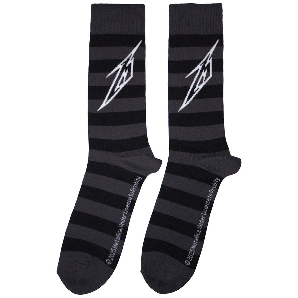 Black and gray Metallica striped socks with a logo on a white background