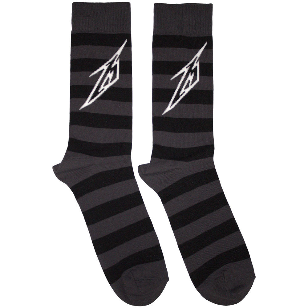 Black and gray striped socks with a logo on a white background Metallica
