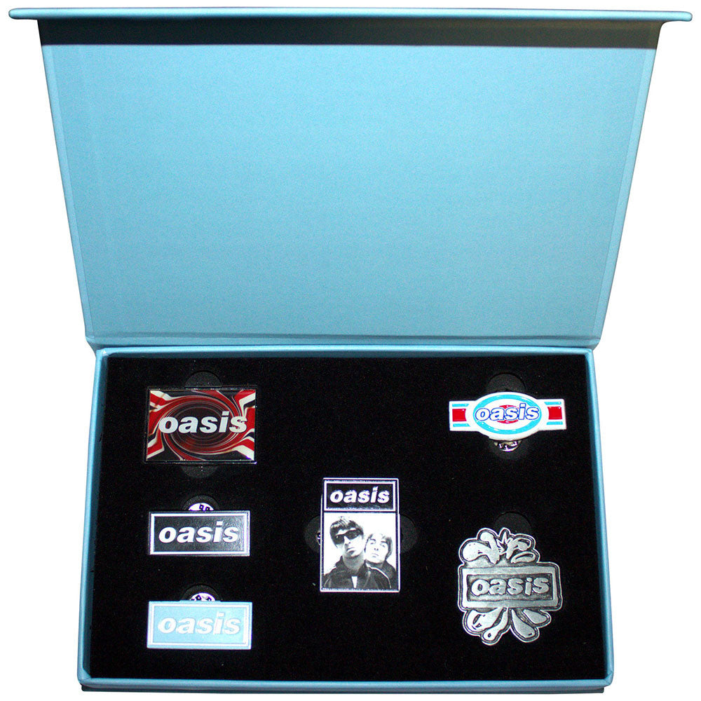 Oasis Official Logo Pin Badge Set - 6 Piece Collector Set - Boxed with Velvet Liner