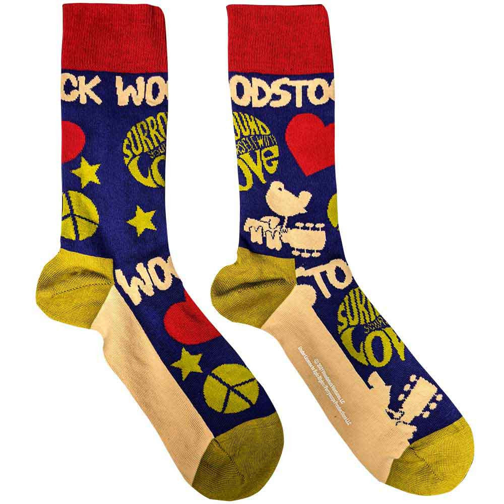 Colorful socks with graphic designs and text on a white background - Woodstock Music Festival Collectibles