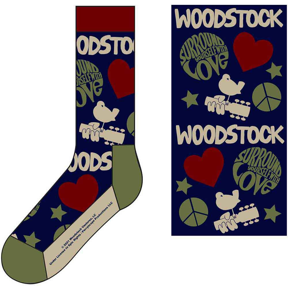 Woodstock-themed sock and towel set with graphics and text on a white background
