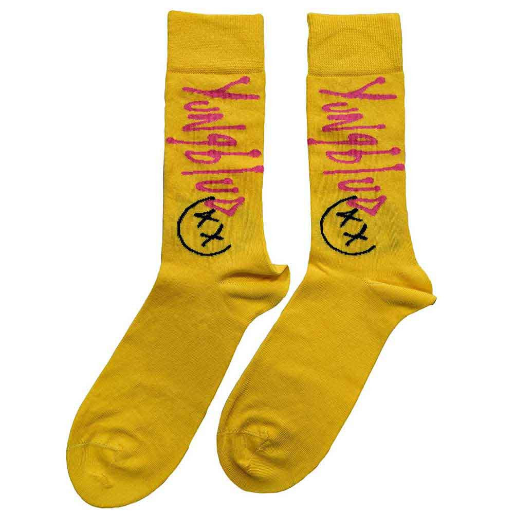 Yellow socks with pink and black text on a white background - Official Yungblud VIP yellow ankle socks unisex UK 7 - 11 with front and back design
